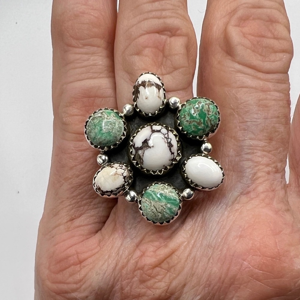 Sterling Silver Southwestern Style Cluster Ring, Wild Horse, Sea Sediment Jasper